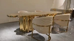 Cloud-Shaped Gold Dining Table with Contour Inlay and Sculptural Draped Pedestals